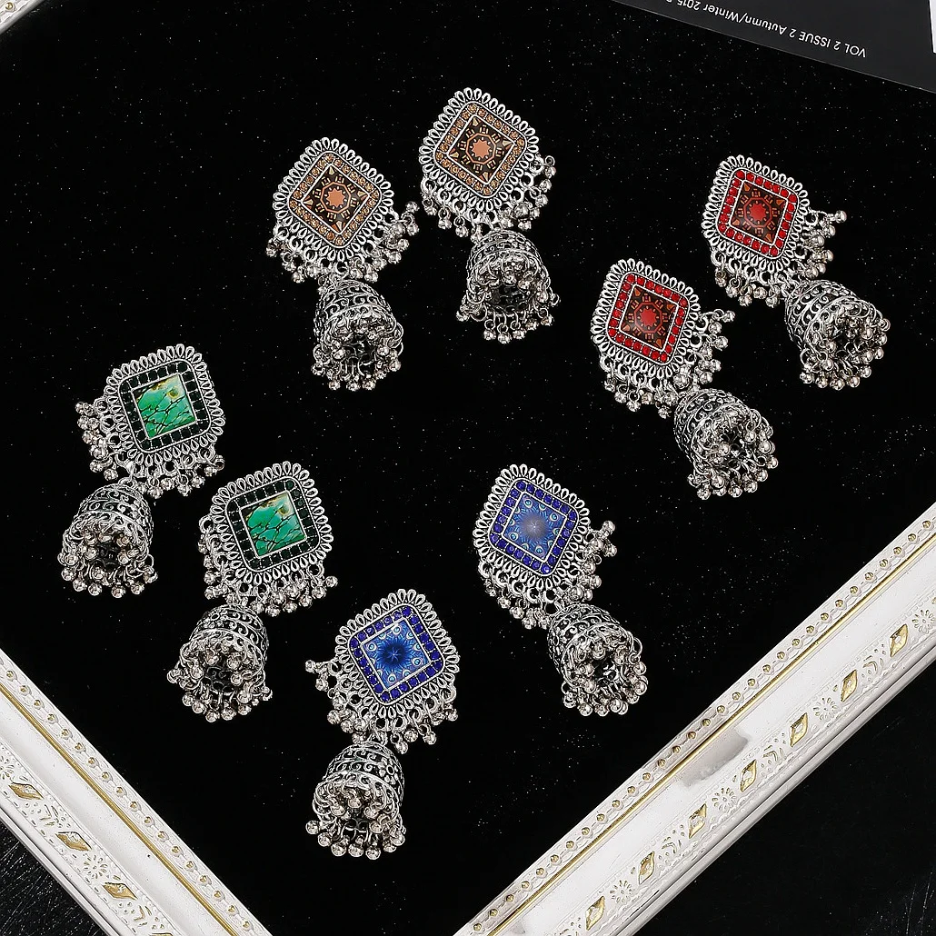 

Pendientes Boho Vintage Square Silver Color Indian Earrings For Women Ethnic Beads Bells Tassel Wedding Earrings