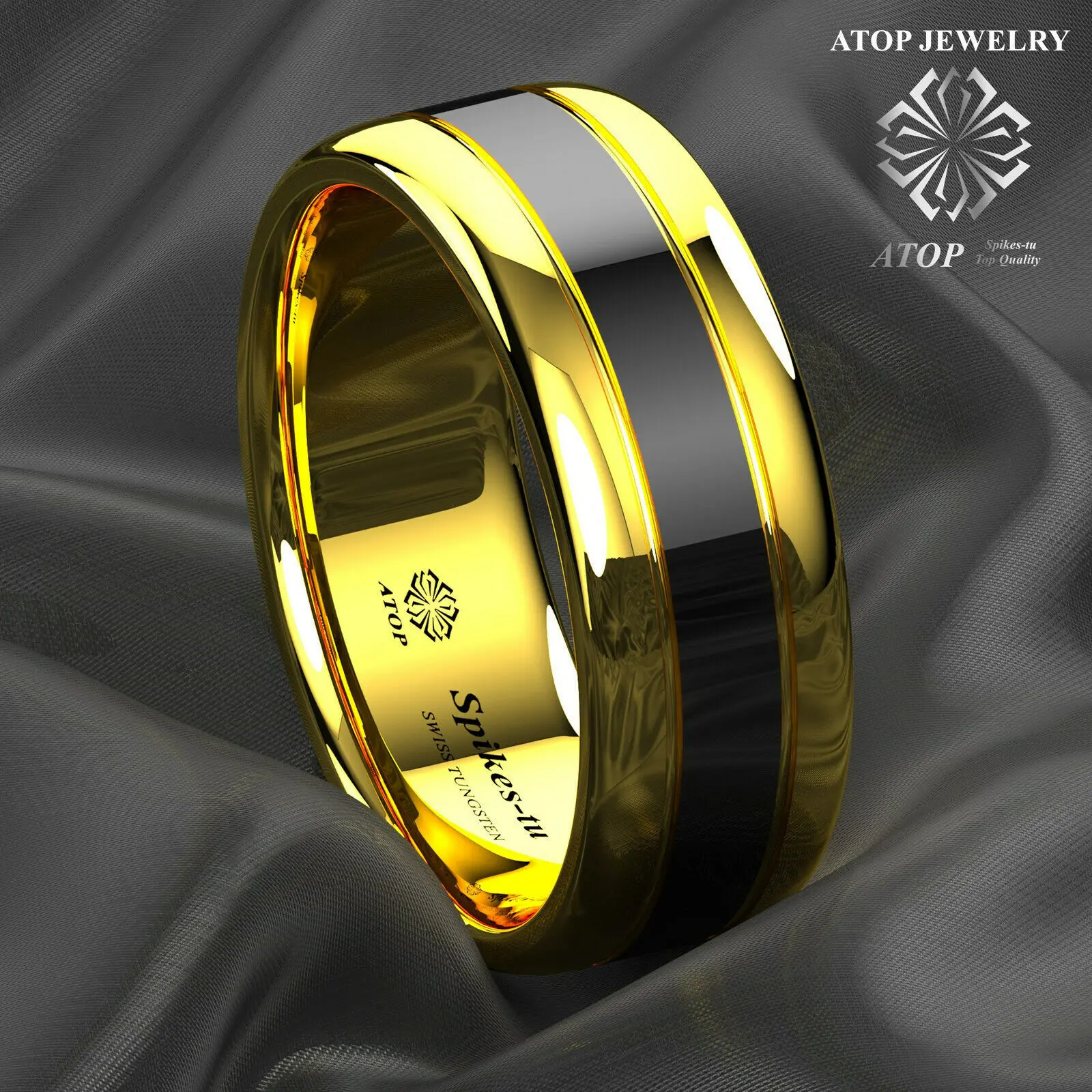 ATOP 8mm Men's Jewelry Black Dome Gold Tungsten Ring Wedding ring Bridal Free Shipping