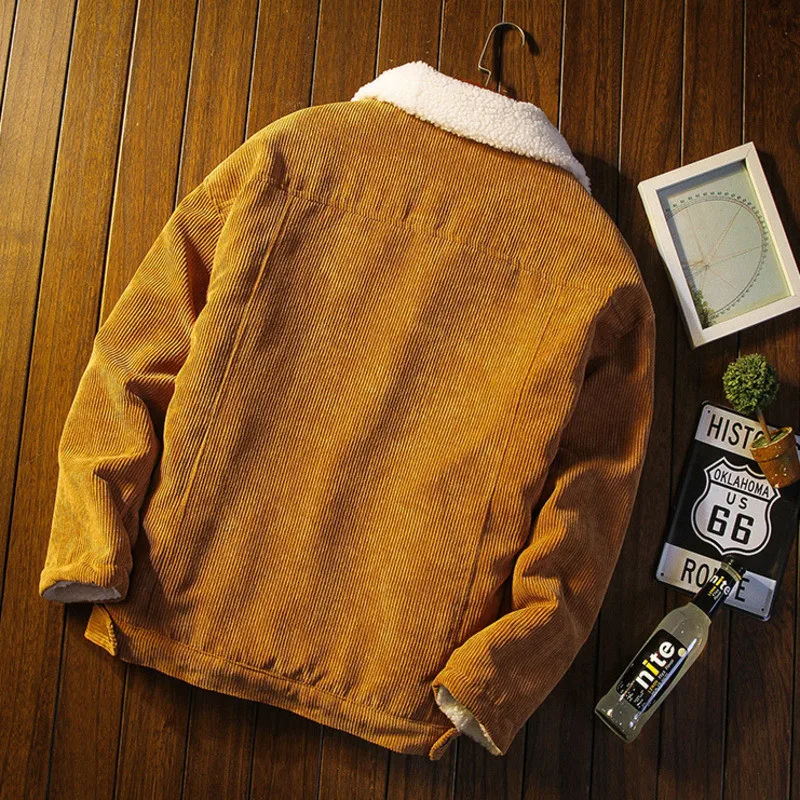

Men Jackets Loose Khaki Collar Corduroy Parkas New Fleece Winter Casual Color Warm Thermal Fur All-match Thicken Coat Candy Cor