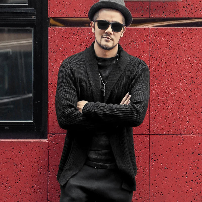 Men's Autumn and Winter New European Style Pure Woolen Knitted Cardigan Men Casual Slim Warm Black Long Sleeve Knitwear J775 | Мужская