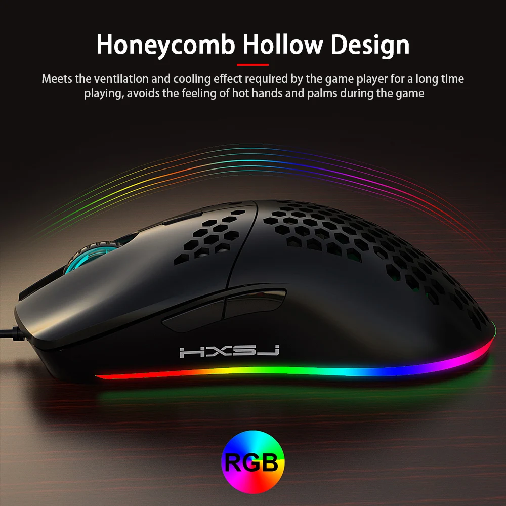 HXSJ J900 Проводная игровая мышь USB RGB с шестью регулируемыми Точек на дюйм