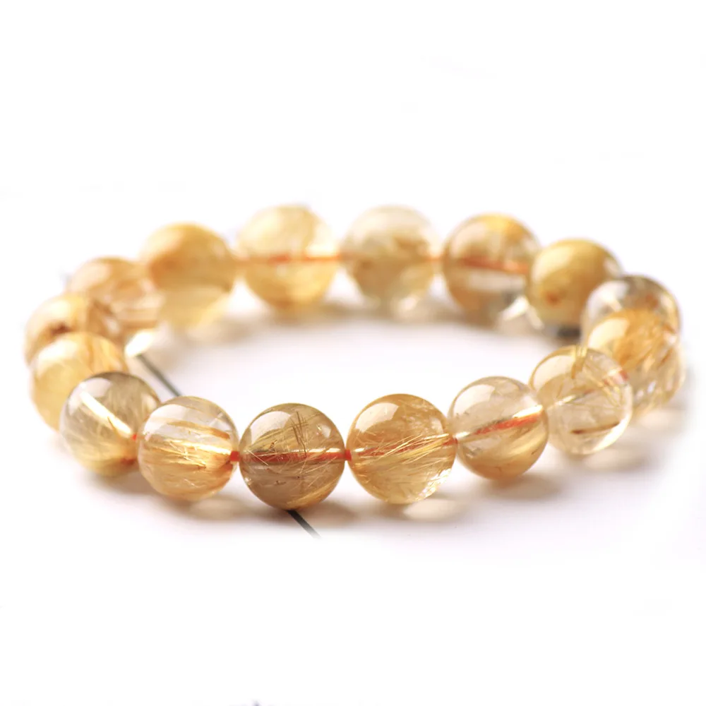 

14mm Genuine Natural Brazil Gold Hair Rutilated Bracelet For Women Men Love Gift Round Beads Crystal Fashion Jewelry AAAA