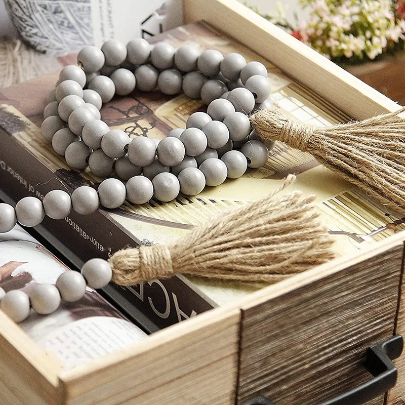 

58in Wood Bead Garland with Tassels,Farmhouse Beads Rustic Country Decor Prayer Boho Beads Wall Hanging Decoration(Gray)