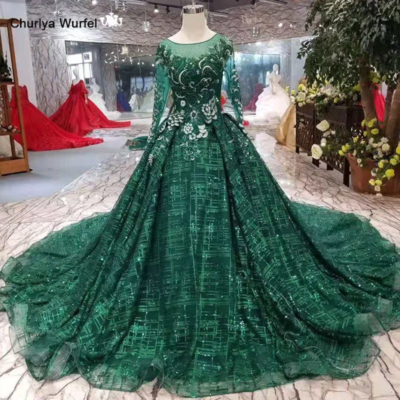 LSS291 зеленое вечернее платье с длинными рукавами и круглым вырезом