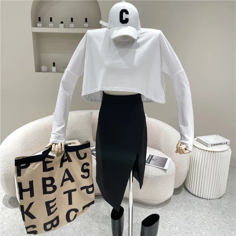 

Niche Design New Women's Clothing Summer 2021 High Waist Split Skirt + Long Sleeve Short Blouse Top Two Piece Set
