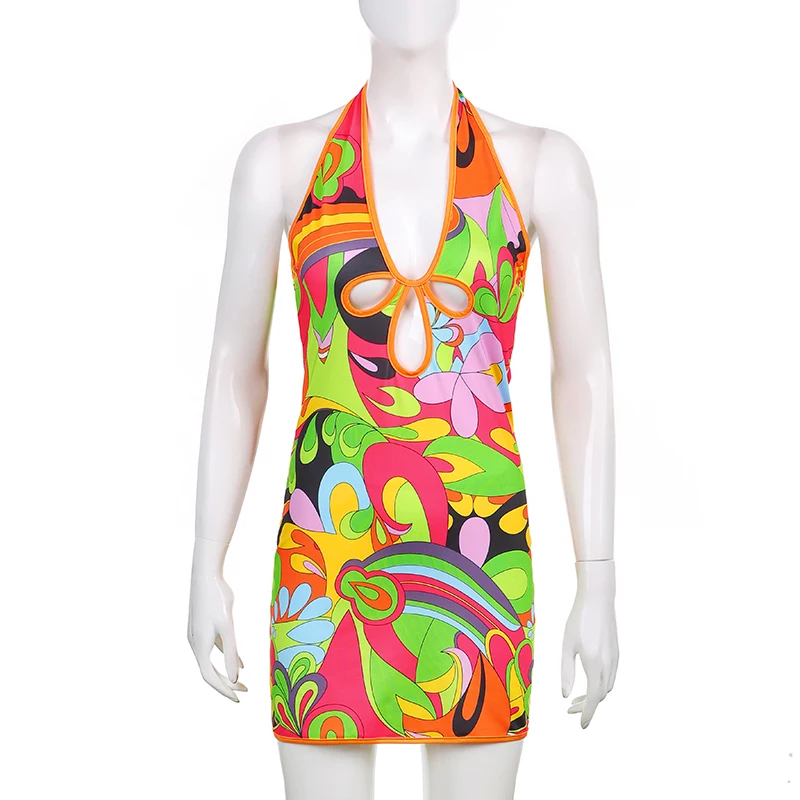 

y2k Hook Floral Hollow Out Sexy Dress Female Halter Printed Sleeveless Mini Dress Beach Party Clubwear Hipster Sundress Iamhotty