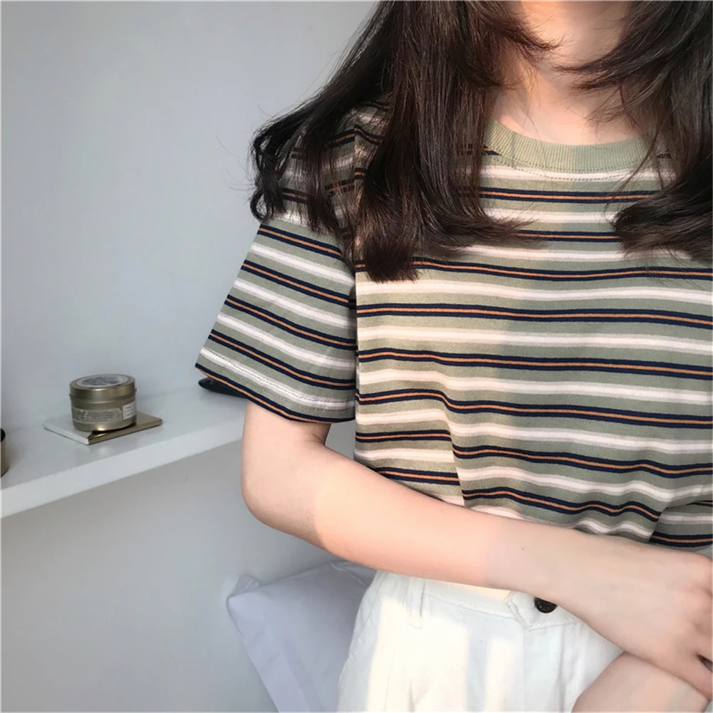 

2021 Women Summer T-Shirt Girls Loose Tees Classic Contrast Color Striped Short Sleeve O- Neck Tops Clothes Khaki Red Green 2XL