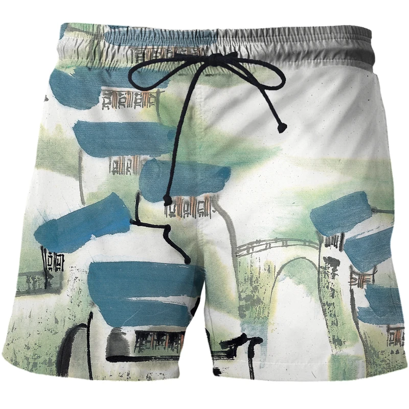 2021 New Men 3D house Retro Shorts Chinese brush painting Print Fashion Beach Shorts Summer Casual Let In Air Swimsuit Shorts