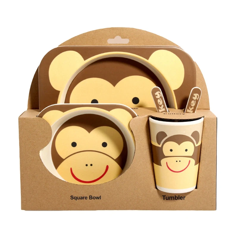 

Cartoon Bamboo Fiber Children Tableware Baby Cutlery Set Spoon Fork Cup Food Tray Grid Food Container Combination Gift