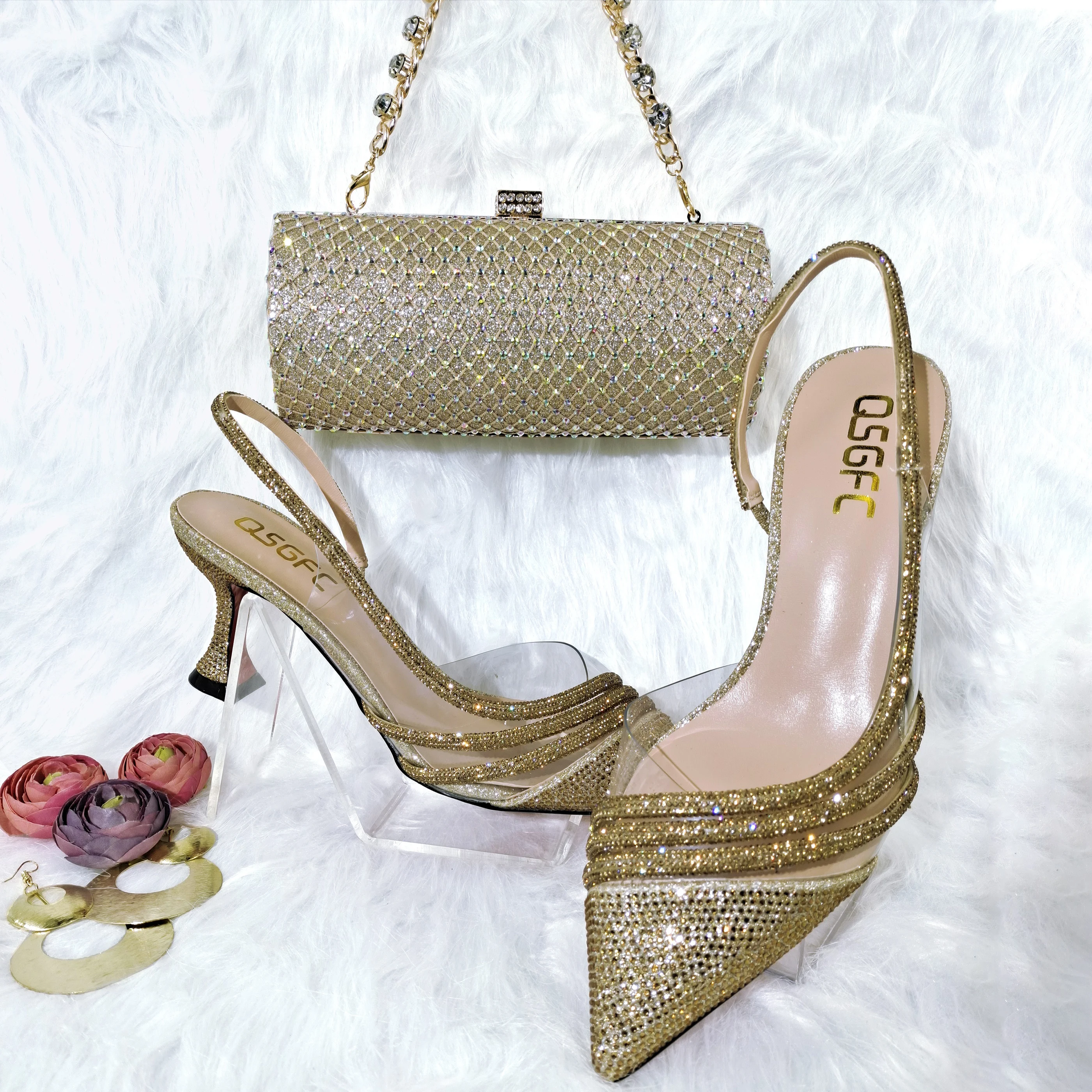 

2022 Italian Fashion Design Thin Heels Pointed Ladies Shoes Colorful Shiny Dual-use Bags Wedding Party Shoes With Bag Gold Color