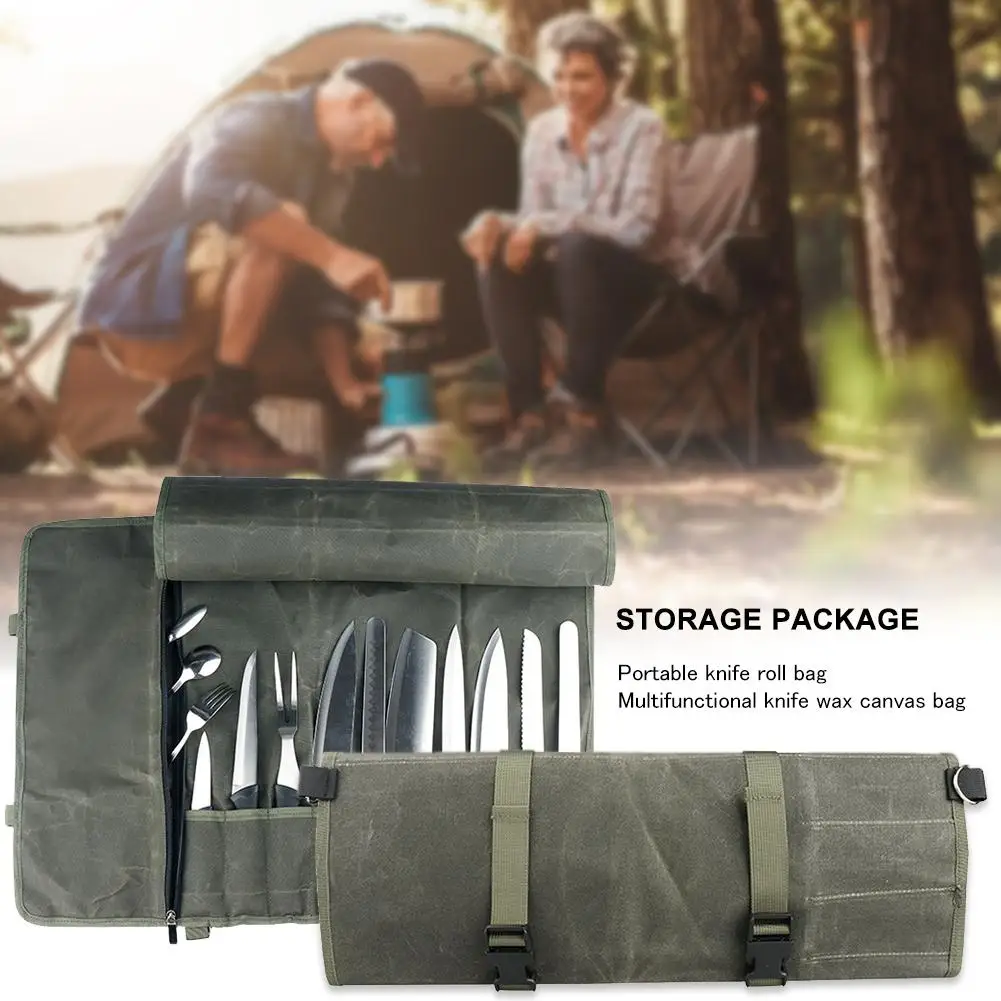 

Multifunction Portable Knife Roll Bag Multifunctional Cutter Waxed Canvas Bag Kitchen Knife Storage Bag For Outdoors Camping