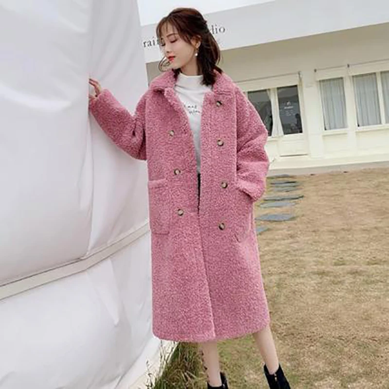 

Winter Coat Women Warm Fur Lambswool Plush Coats Korea Fahion Female Outerwear Clothing Ladies Cardigans Long Pink Plus Size