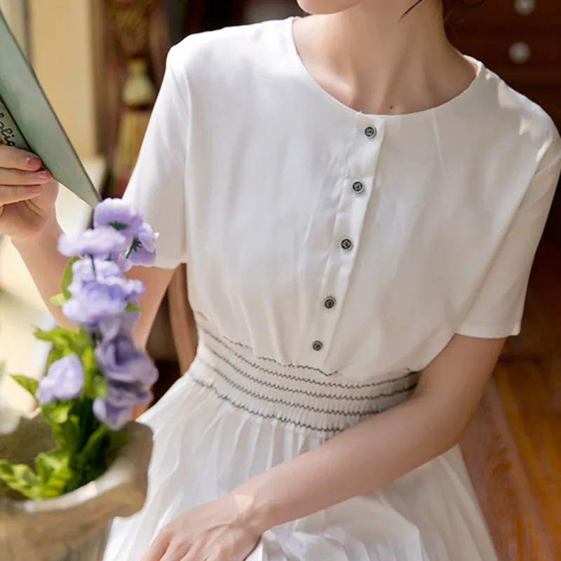 

New Summer Elegant Vintage Office Female Pleated Midi Dress High Quality Short Sleeve Single Breasted White Dress Vestidos 2021