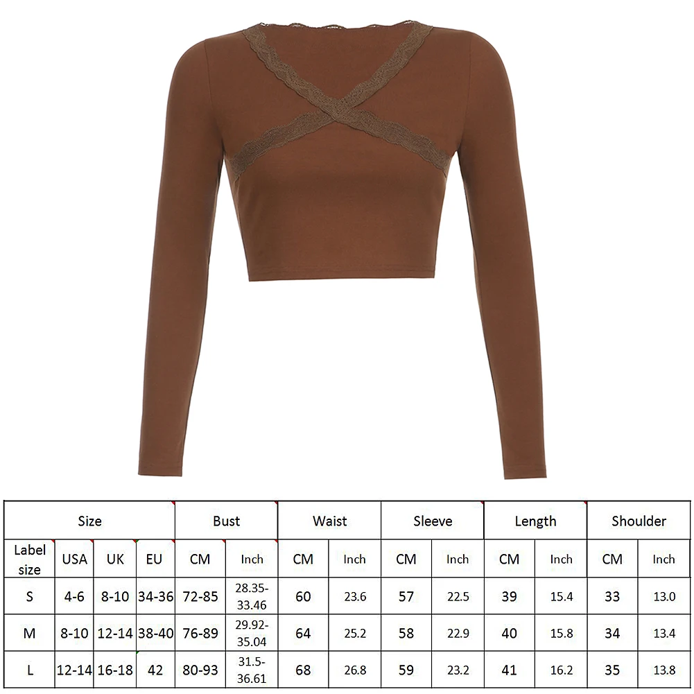 

Lace Hem Brown Y2k Tee Knitwear T Shirts Women Long Sleeve Patched Crop Tops V Neck Harajuku Tshirt Women Casual Autumn 90s Tops