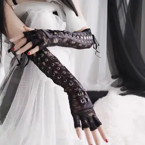 Imported Women Sexy Floral Lace Elbow Length Half-Finger Gloves Black String Ribbon Ties Up Dance Party Finge