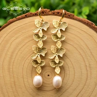 glseevo leaf long drop earrings for women wedding birthday gift fresh water pearl earrings fine jewelry pendientes mujer ge0800