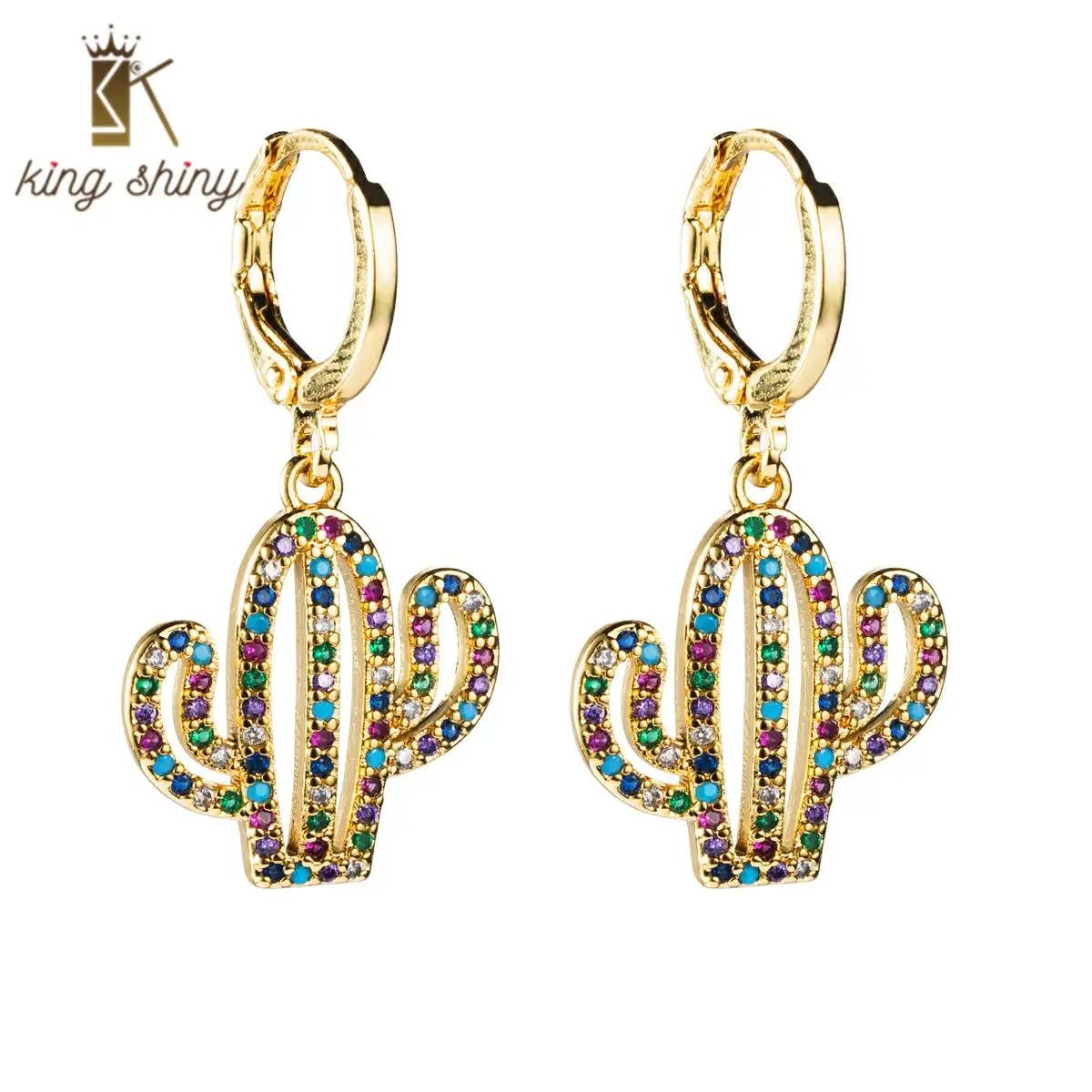 

2020 New Design CZ Gothic Rainbow Color Cactus Hook Earrings for Woman Gold Filled Plant Zirconia Huggies Pendant Copper Earring