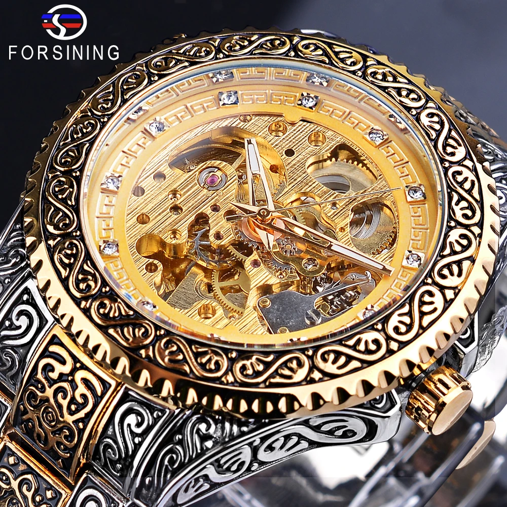 Relógio de Pulso Dourado dos Homens Relógios à Prova Forsining Novo Luxo Masculino Mecânico Esqueleto Automático Relógio Diamante Aço Inoxidável Dwaterproof Água