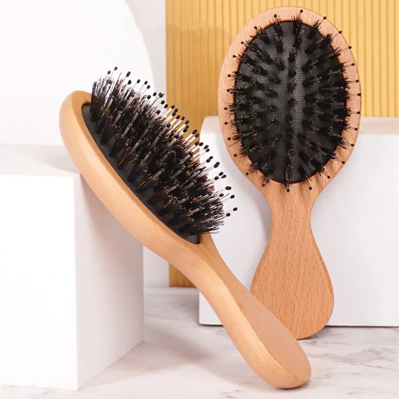 

Mini Aairbag Beauty Hairbrush Scalp Massage Hair Brush Comb Wild Boar Bristle Wood Oval Anti-static Paddle Hair Styling Tool