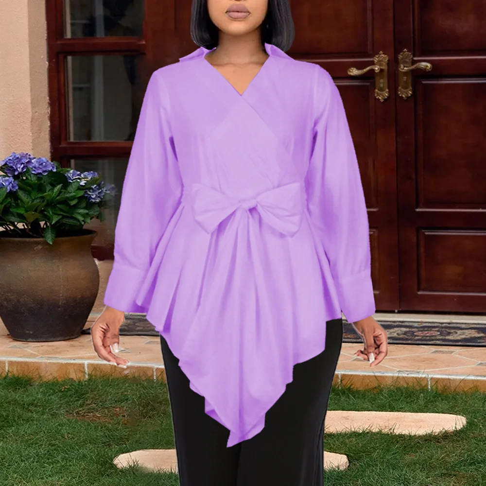 

Женская Асимметричная блузка в западном стиле, однотонная Повседневная Блузка с бантом, V-образным вырезом, высокой талией и длинным рукаво...