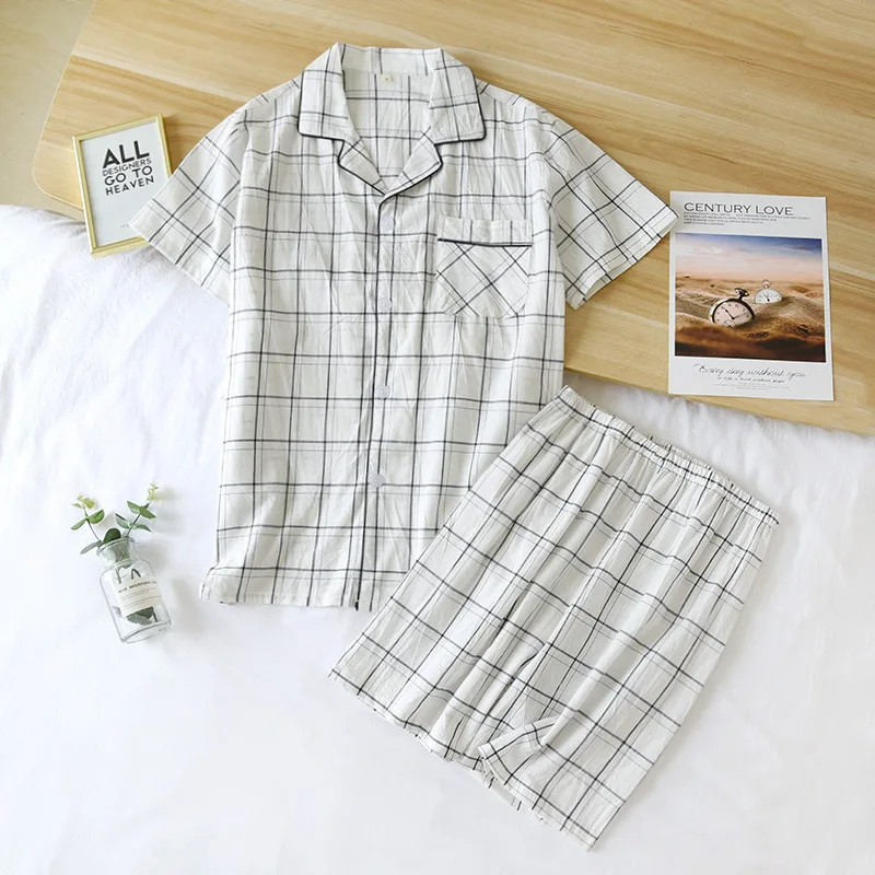 New summer men's 100% cotton pajamas two-piece large size thin short-sleeved shorts plaid casual home service set sleep wear men
