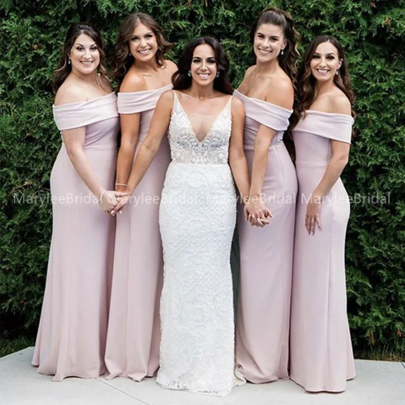 

Off The Shoulder Mermaid Bridesmaid Dress Blush Pink Long Wedding Guest Dress Simple Vestidos De Fiesta De Girls Formal Dresses