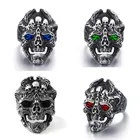 Винтажное мужское твердосплавное кольцо в виде черепа, инкрустированное глазами, синий, зеленый, красный, кубический цирконий, крутые готические панк байкерские ювелирные изделия для мальчиков, оптовая продажа