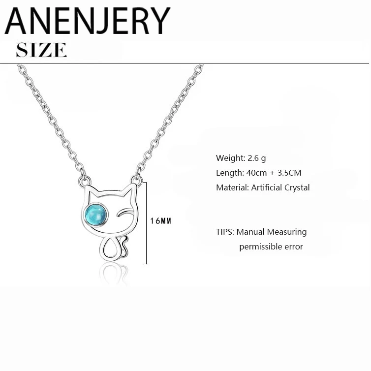 ANENJERY, милое, 925 пробы, серебряное, кошачье ожерелье для женщин, голубой кристалл, глаз, животное, цепочка, ожерелье S-N446