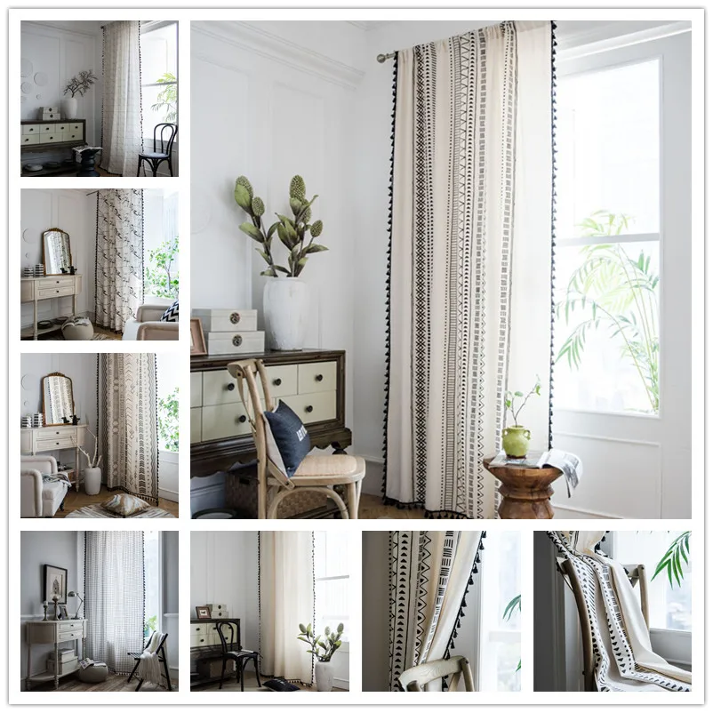 

Cotton Linen Printing American Tassel Bohemian Style Bedroom/Living room/Kitchen Curtains Country Finished Window Semi-transmiss