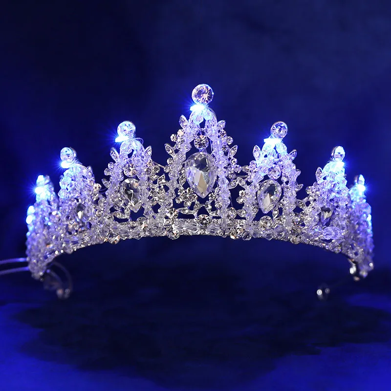 

Светящаяся свадебная корона для невесты, Хрустальный жемчуг, корона принцессы со светодиодсветильник кой, диадемы и короны для женщин, свадебные аксессуары для волос для невесты