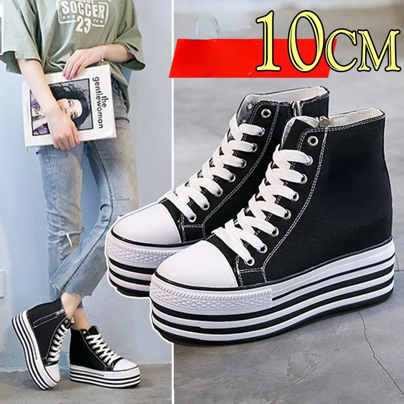 

Кеды женские с высоким верхом, высокие холщовые кроссовки на платформе 10 см, повседневная обувь в Корейском стиле, массивные сникерсы на тол...