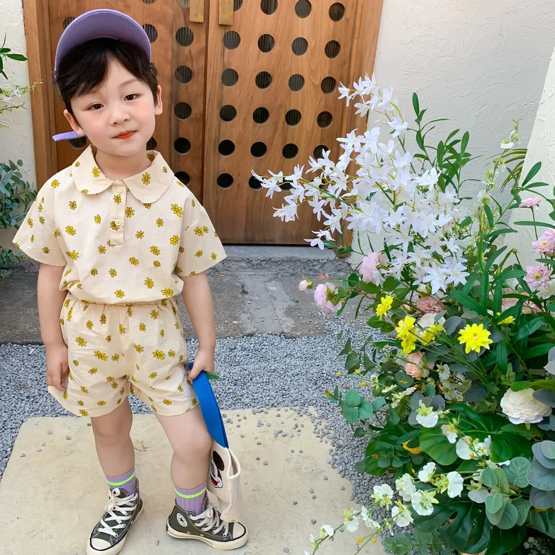 Summer fashion brother and sister clothing Korean style girls chrysanthemum casual long dress boys clothes sets | Мать и ребенок