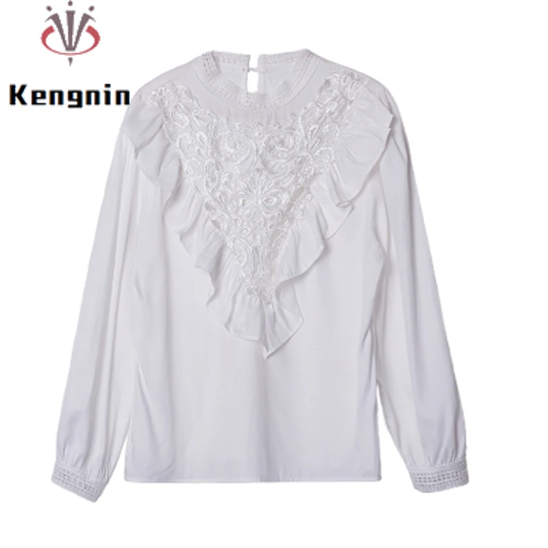 Женская ажурная Блузка с оборками белая Свободная рубашка длинным рукавом весна