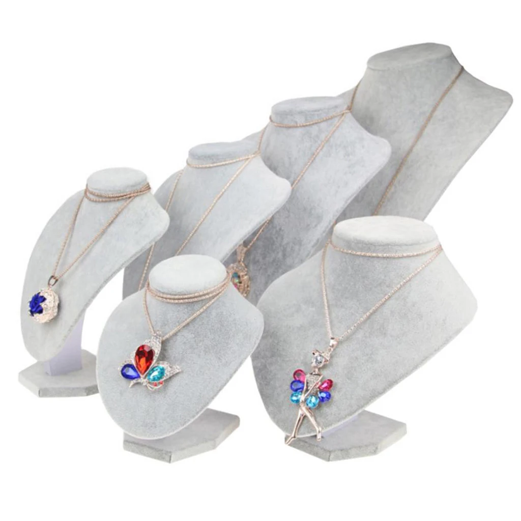 

2pcs Gray Velvet Wooden Necklace Display Bust Mannequin Stand - Jewelry Holder