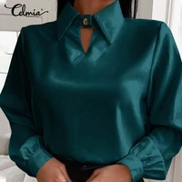 celmia elegant satin lapel blouses women 2021 fashion hollow neckline office shirts autumn casual lantern long sleeve tunic tops