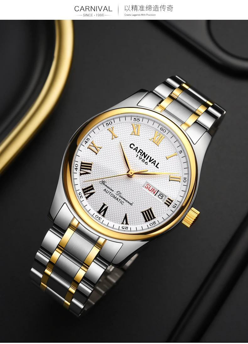 CARNIVAL Luxury Brand Automatic Mechanical Watches Men Roman Dial Date Waterproof Watch Stainless Steel Strap Montre Homme New enlarge