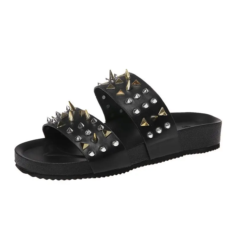 

Shoes Woman 2021 Low Female Slippers Rivet New Rubber Hoof Heels PU Fretwork Basic Slides Fabric Rivet Low Female Shoes Ladies'