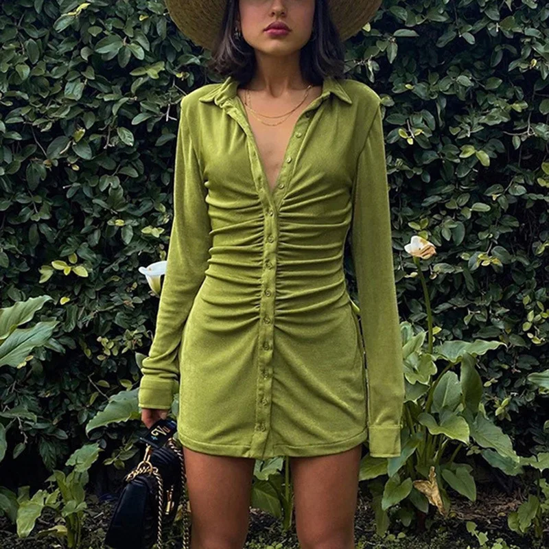 Women Bodycon Mini Dresses Autumn Ruched Dress Long Sleeve Button Vestidos Streetwear Sexy Turn-Down Collar Female Slim Party