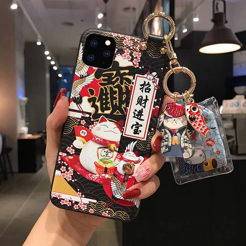 Lucky Cat Wristband Bracket Shell Phone Case for Huawei P20 P30 P40 Mate 10 20 30Lite Pro Honor 8X 9 10 20 30Pro Case Back Cover