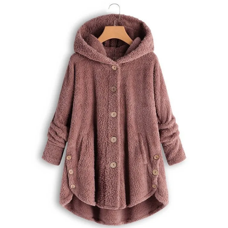 Women Fluffy Coat Loose Hoodie Sweatshirt Solid Winter Kawaii Cat Ear Hooded Hoodie Buttons Fleece Jackets Tracksuit Coat Plus