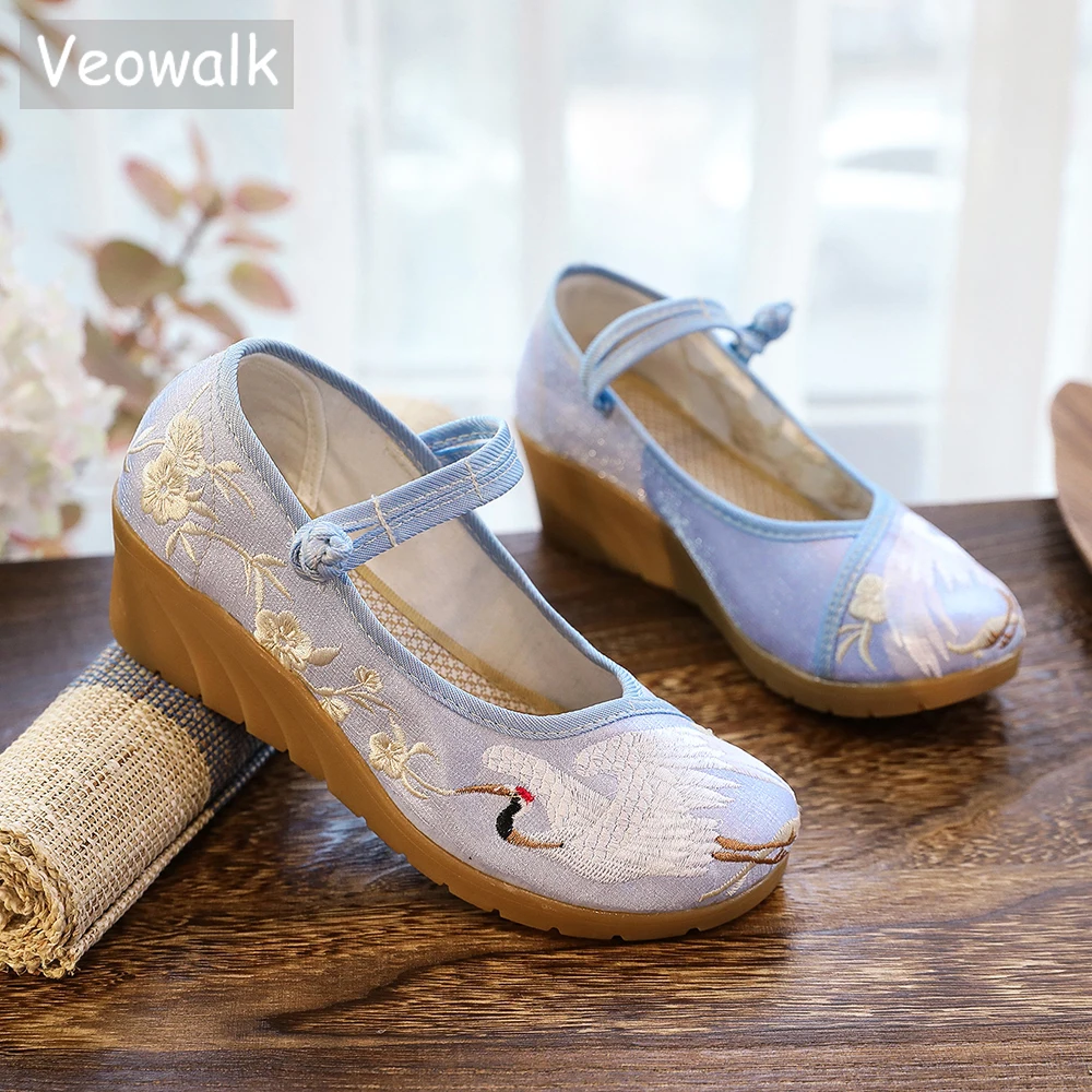 Женские холщовые туфли Veowalk с вышивкой Журавля обувь ручной работы в стиле