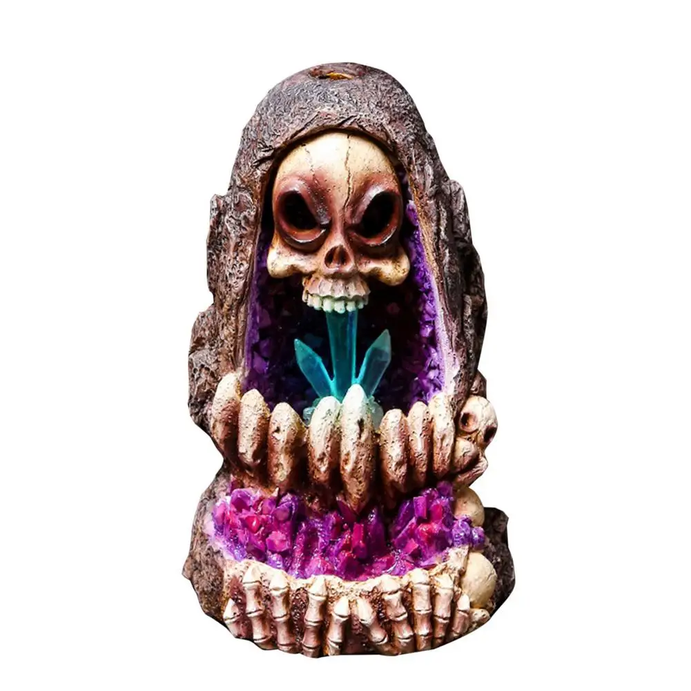 

Backflow Incense Burner Skull Shape Incense Holder Resin Handicraft Aromatherapy Decoration With LED Light Improve Sleep Quality
