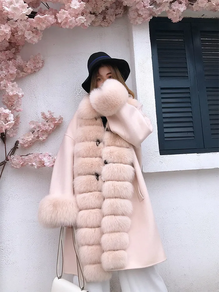 pink Овечья шерсть шуба зимняя куртка женская шуба из натурального меха длинная парка из натурального меха с большим лисьим меховым воротником отделка манжеты кашемир оверсайз - Цвет: pink