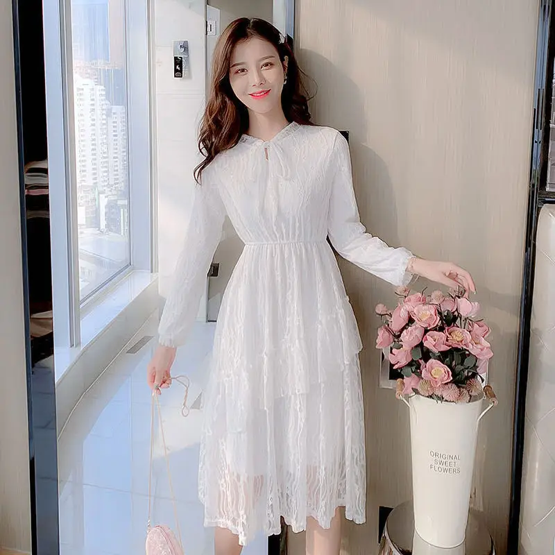 

Women's Spring Autumn Style Lace Dress Women's Elegant Lace Up Ruffles Solid Color Long Sleeve Sweet Dress SS3749