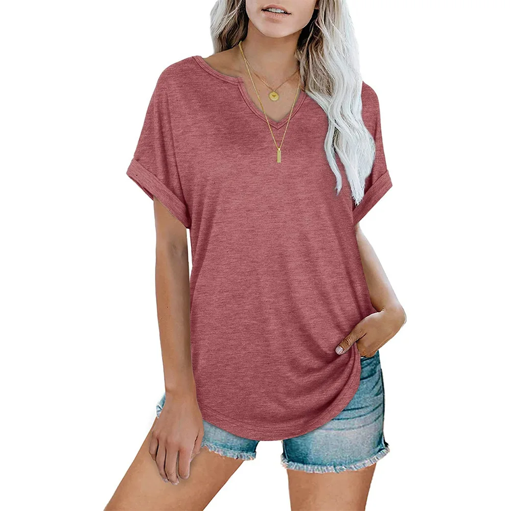 

2021 cross border women's fashion new products from Europe and America fashion solid color V-neck loose short sleeve T-shirt