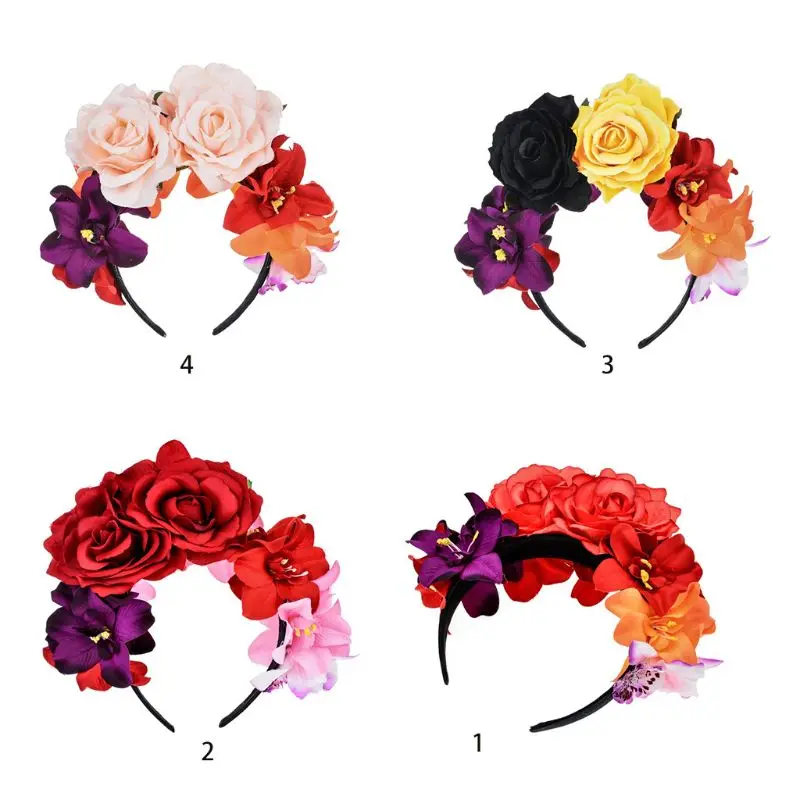 Womens Mexican Simulated Rose Flower Crown Headband Day of The Dead Halloween Headpiece Colorful Fake Stamen Party Hair Hoop