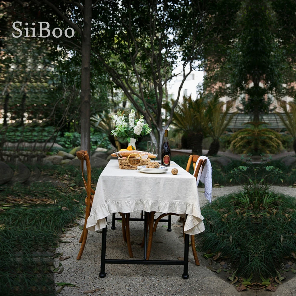 Винтажная скатерть из 100% льна с оборками прямоугольная кремово белая en lin