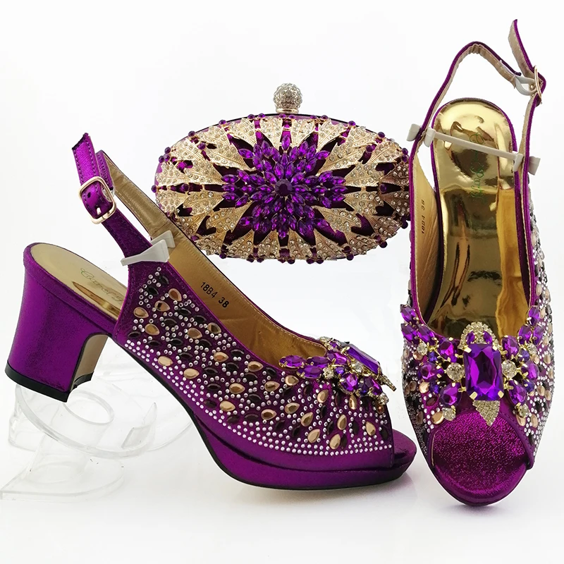 

Italian design Purple Nigerian ladies Shoes with Matching Bags Big Artificial Rhinestone Women Pumps and Bag To Match Wedding