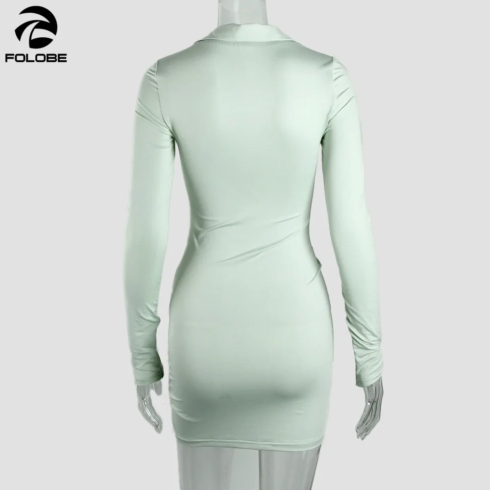 

FOLOBE Sexy Mini Dresses V-neck Long Sleeve Bodycon Dress Club Wear Pleated Party Dress Mini Dresses vestido feminino 2021