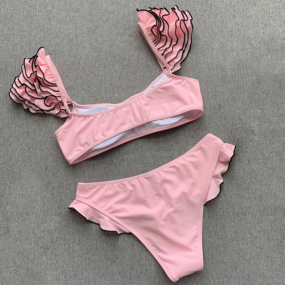 Женский купальник с оборками однотонное бикини пуш ап черный розовый слитный